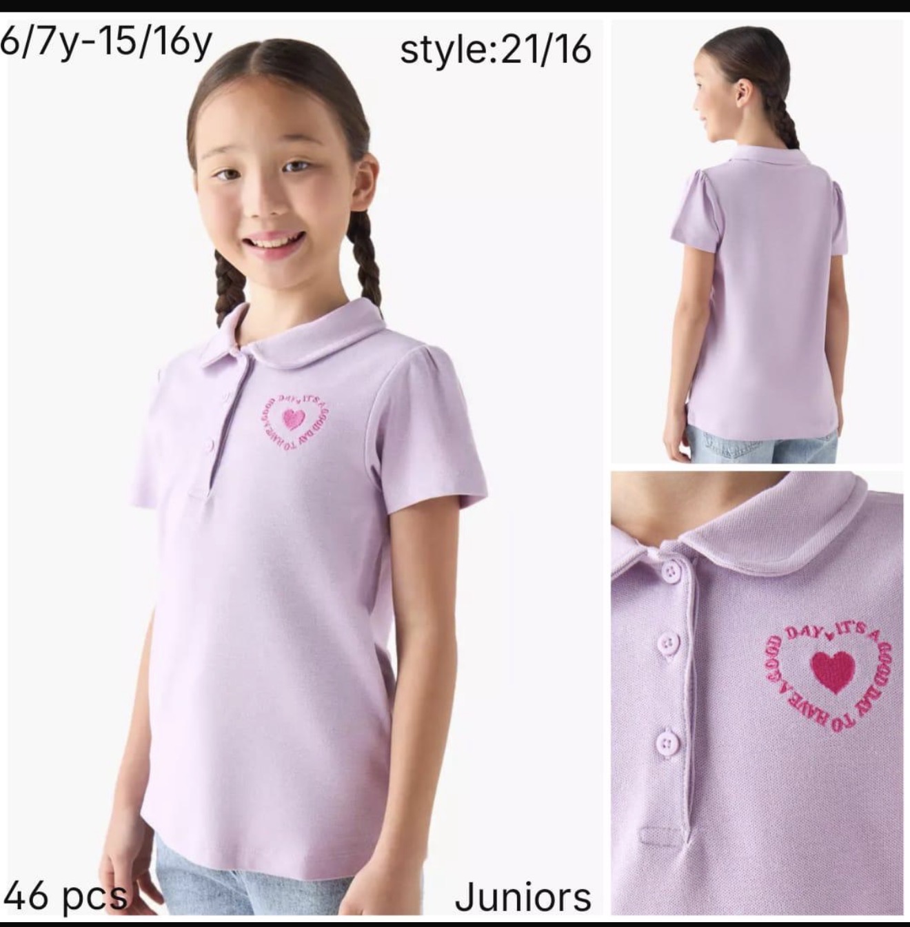 تی شرت یقه دار دخترانه 31224 سایز 6 تا 15 سال مارک JUNIORS