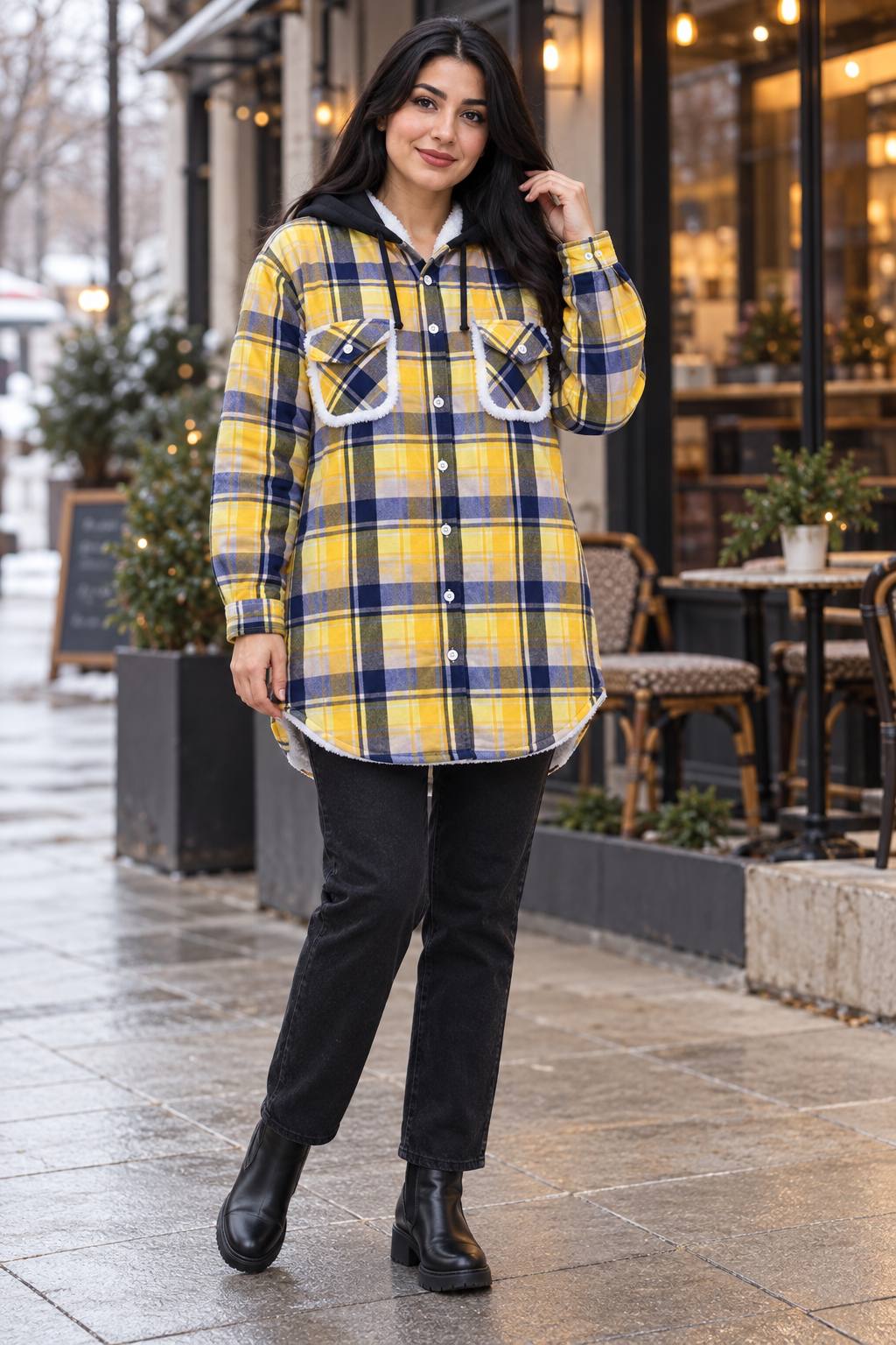 شومیز چهارخونه داخل خز جیب دار زنانه کد 420561