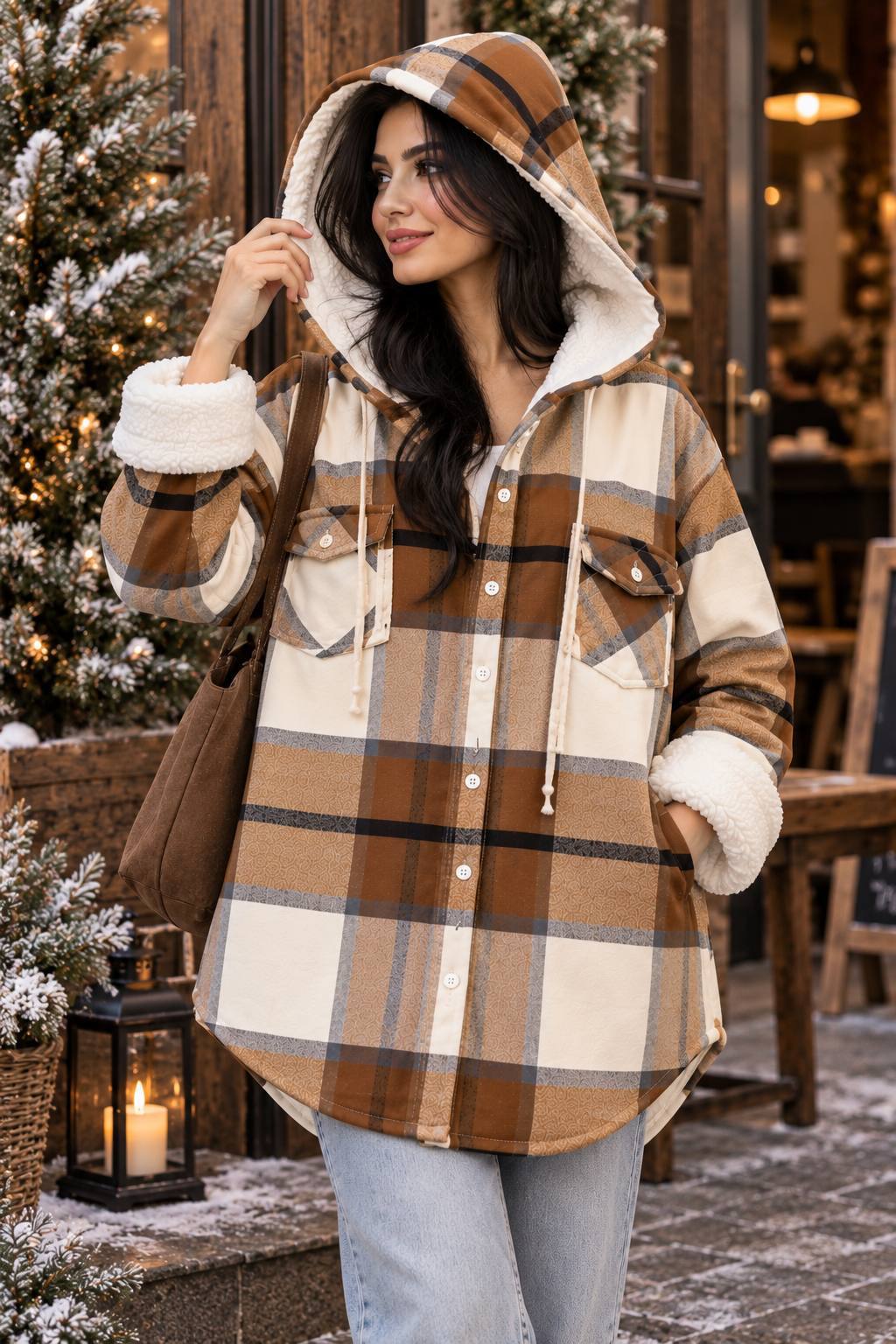 شومیز چهارخونه داخل خز جیب دار زنانه کد 420565
