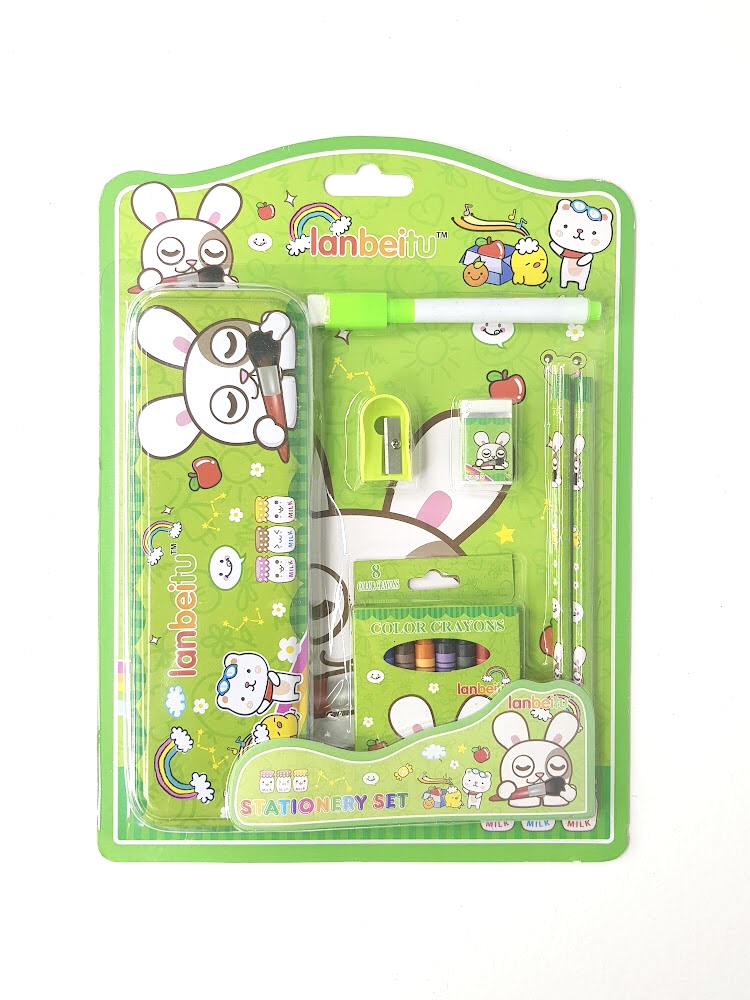 lanbeitu ست لوازم التحریر ( مداد مشکی، پاکن،تراش،جامدادی فلزی) (6548)