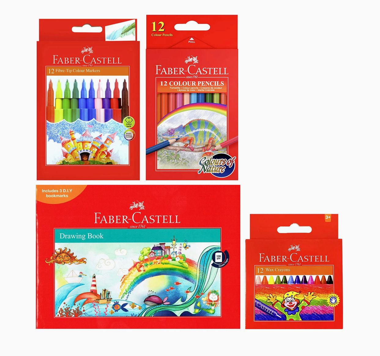 کتاب طراحی Faber Castell A4 1Pc + مداد رنگی 12 رنگ 1Pc + قلم نمدی 12 رنگ 1Pc + مداد رنگی مومی 12 رنگ 1Pc, 1909(6114) اورجینال