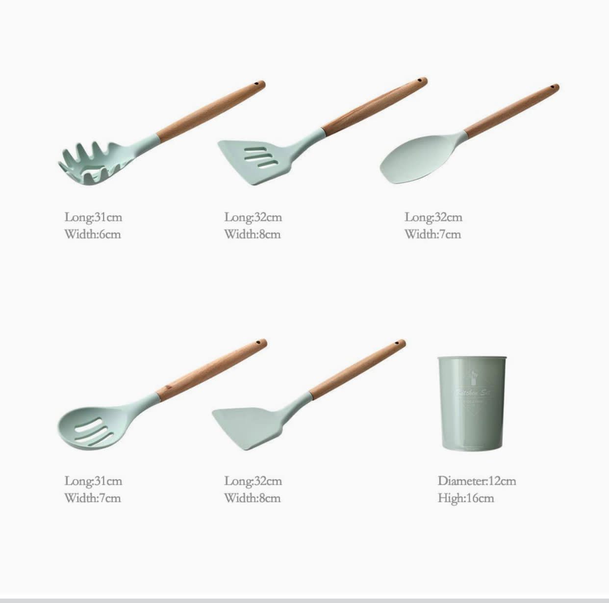 "ComCreate" سیلیکونی آشپزخانه آشپزی 11 عددی ابزار ظروف چوبی برای ظروف نچسب، ست ظروف پخت و پز با دسته چوب بامبو برای ظروف نچسب، ست قاشق انبر غیر سمی (6125)
