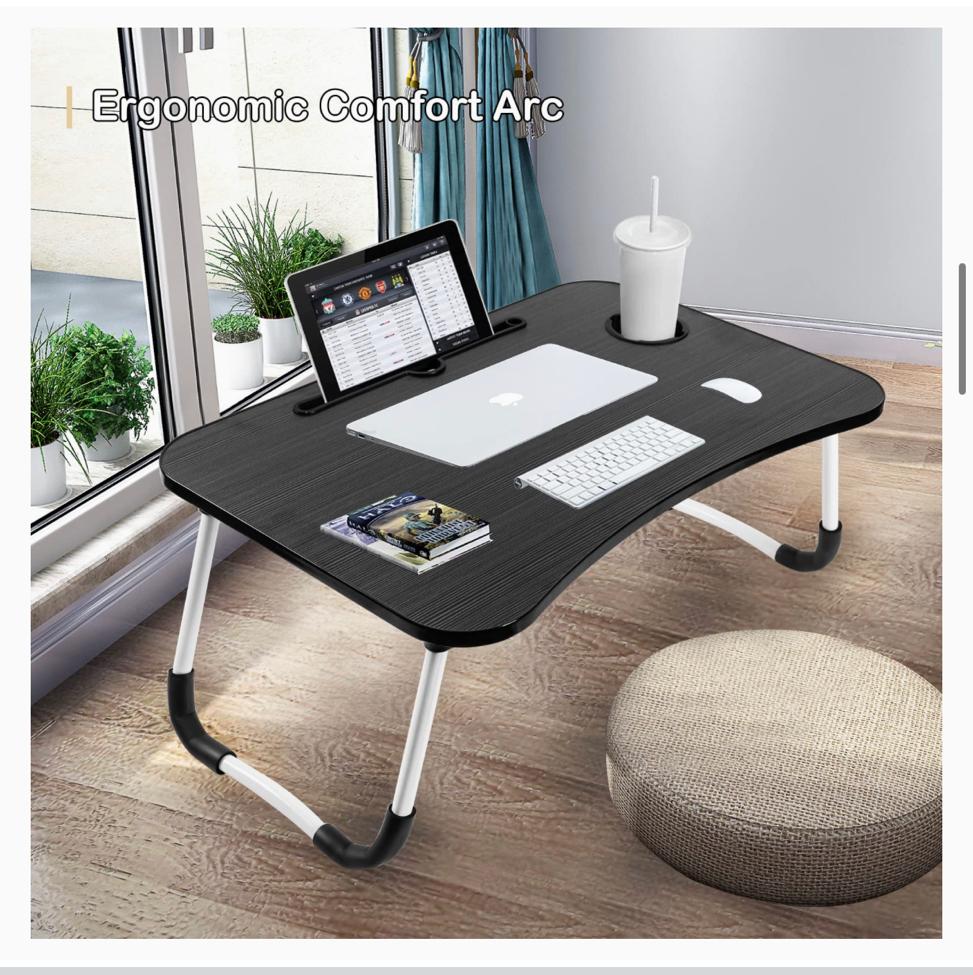میز لپ تاپ تاشو قابل حمل SKY TOUCH برای تختخواب، دارای پایه نوت بوک سینی لپ تاشو قابل تنظیم آی پد و جا لیوانی، سینی میز مطالعه پاهای تاشو برای کار، مطالعه، کمپینگ 60x40x28 سانتی متر مشکی(6135