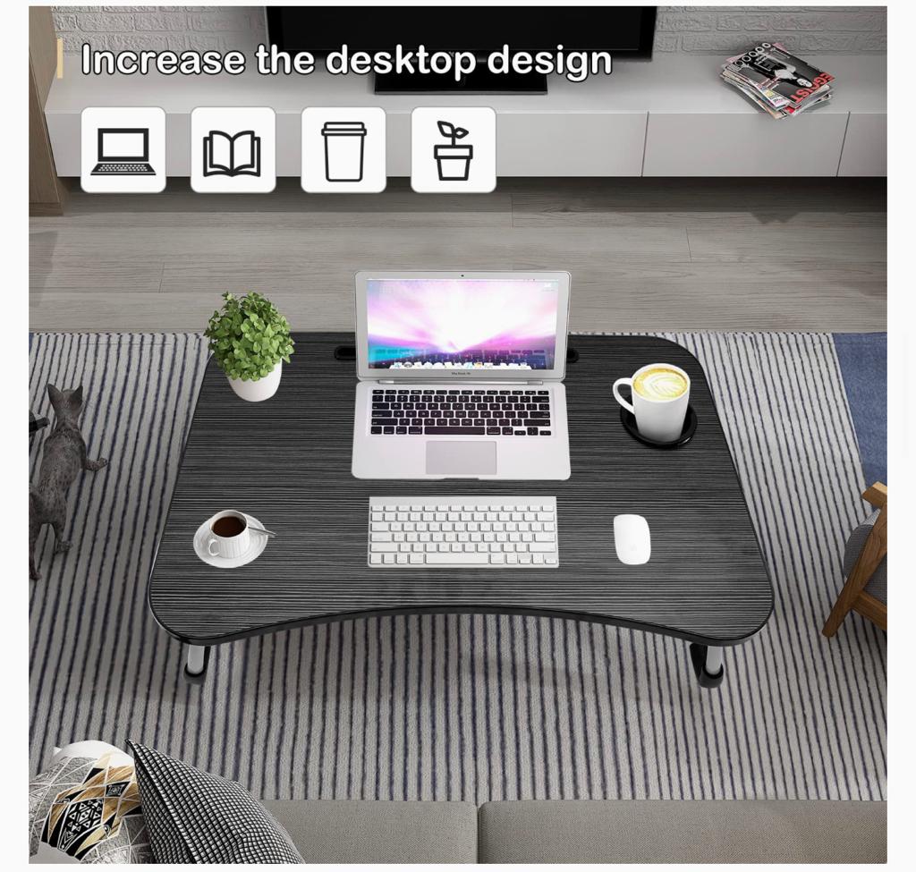 میز لپ تاپ تاشو قابل حمل SKY TOUCH برای تختخواب، دارای پایه نوت بوک سینی لپ تاشو قابل تنظیم آی پد و جا لیوانی، سینی میز مطالعه پاهای تاشو برای کار، مطالعه، کمپینگ 60x40x28 سانتی متر مشکی(6135