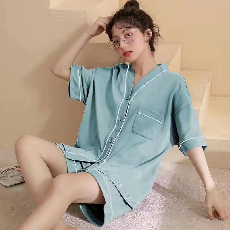 ست بلوز شرتک نخ کتان جلو باز زنانه کد 414049