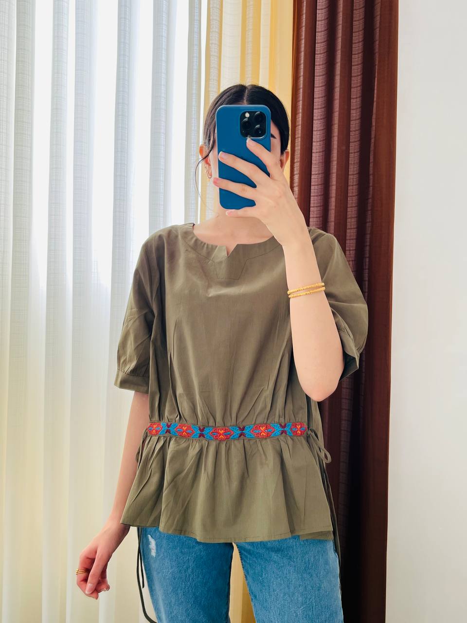 بلوز کمر بندی نخ کتان زنانه کد 417100