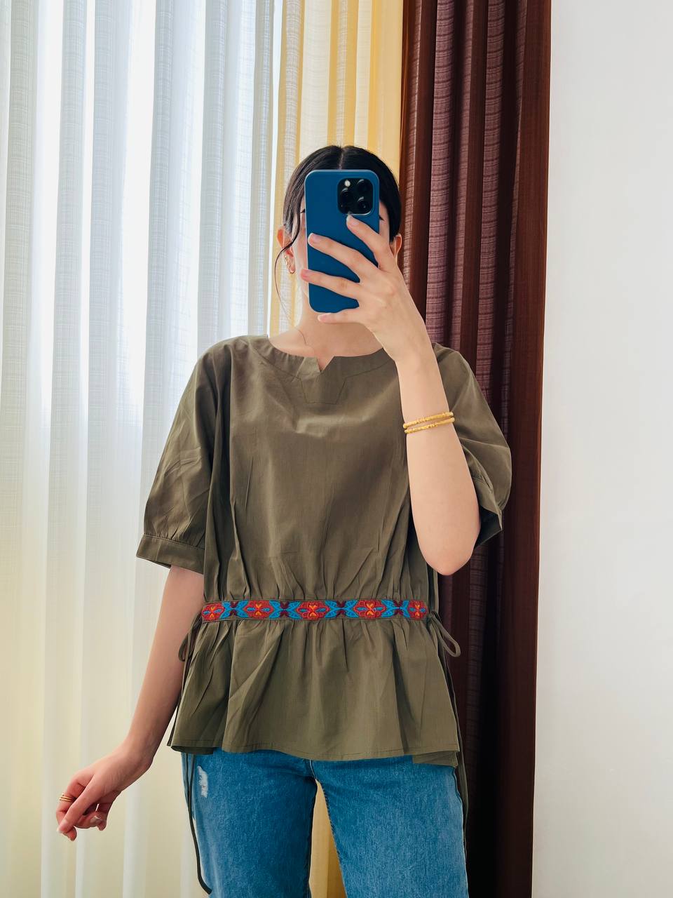 بلوز کمر بندی نخ کتان زنانه کد 417100