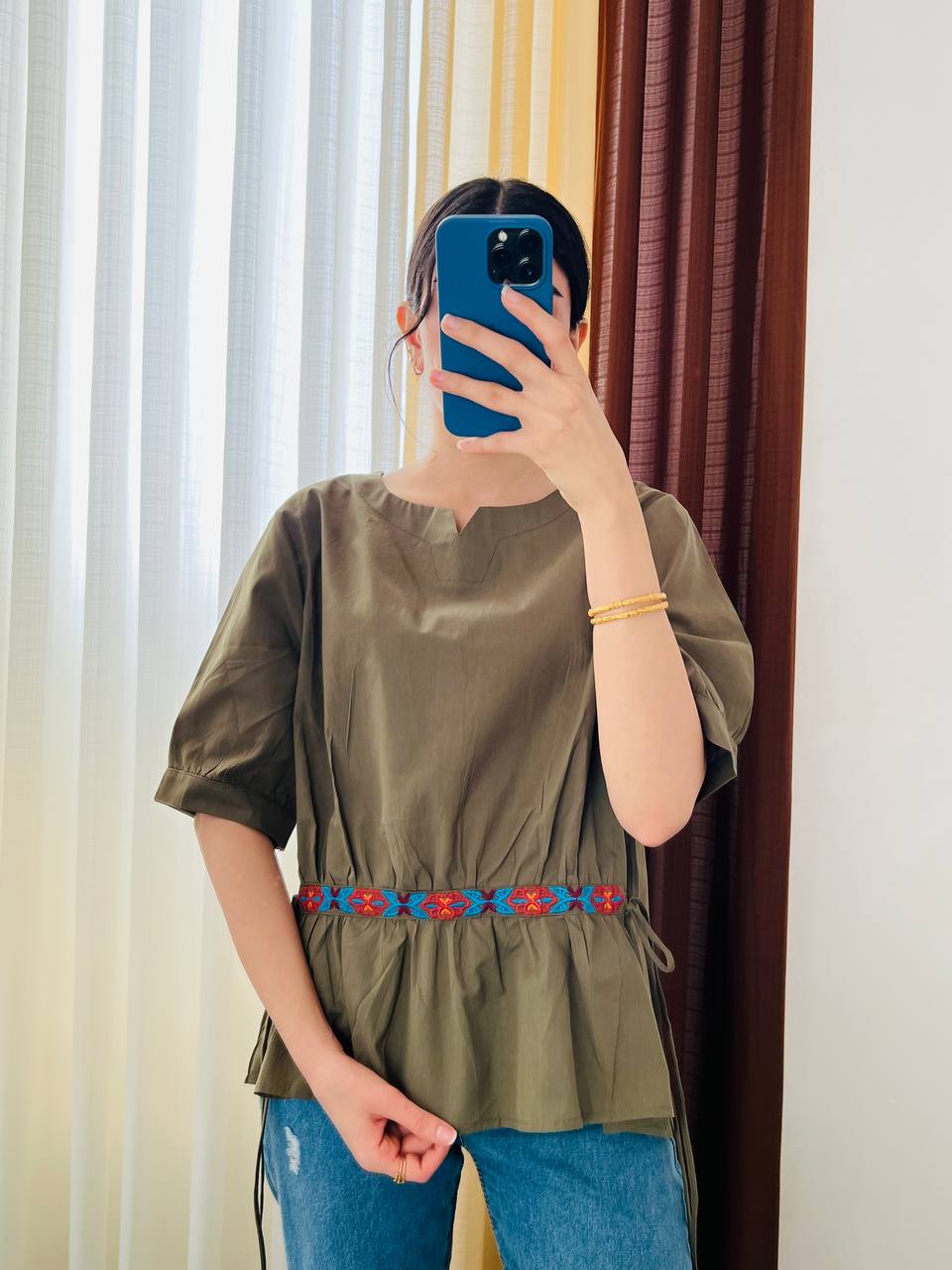 بلوز کمر بندی نخ کتان زنانه کد 417100