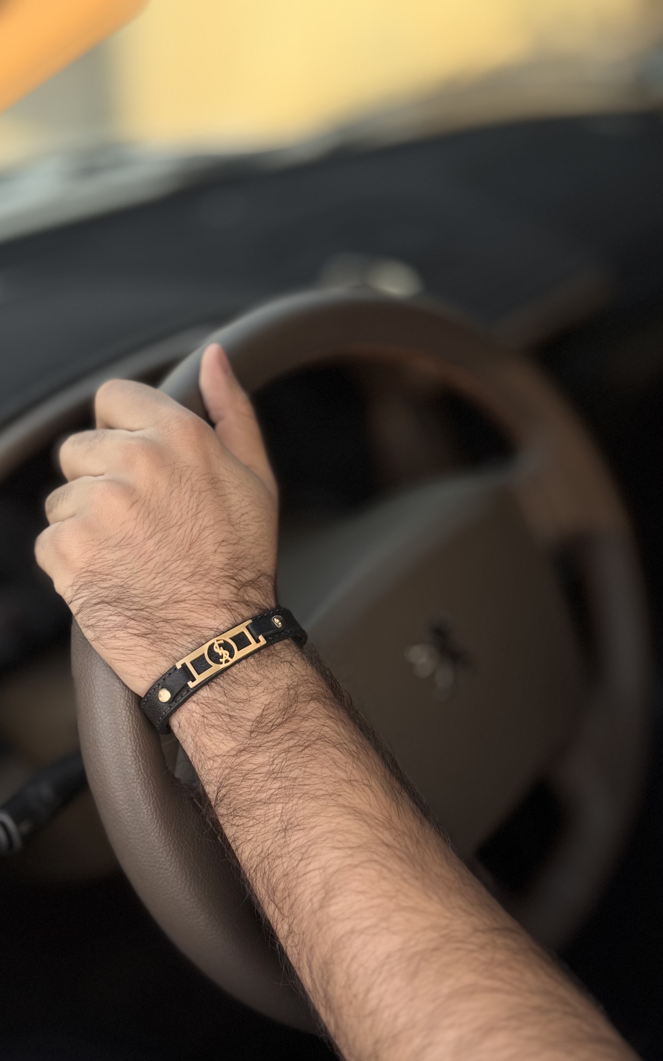 دستبند چرم پلاک استیل مدل YSL کد 1024