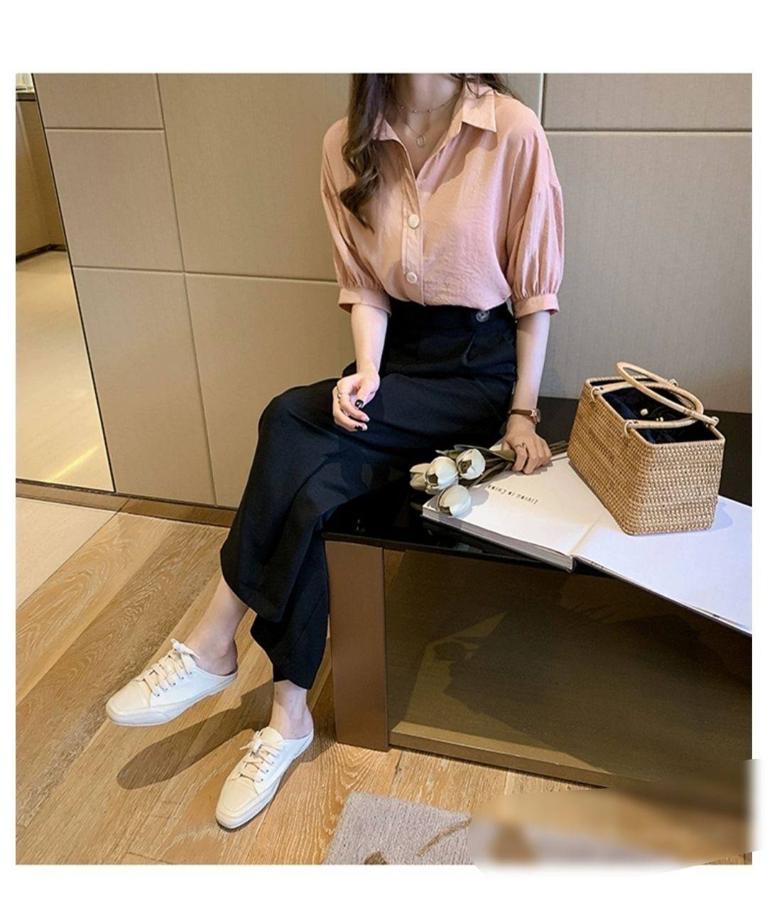 شومیز آستین کوتاه کرپ نخ زنانه کد 418647