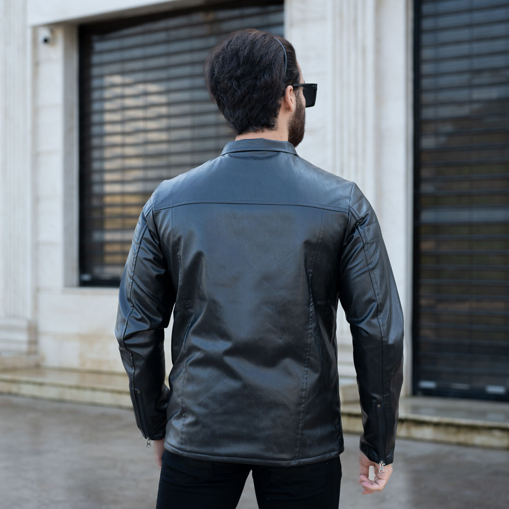 کاپشن چرم زیپ کج مشکی کد 1045